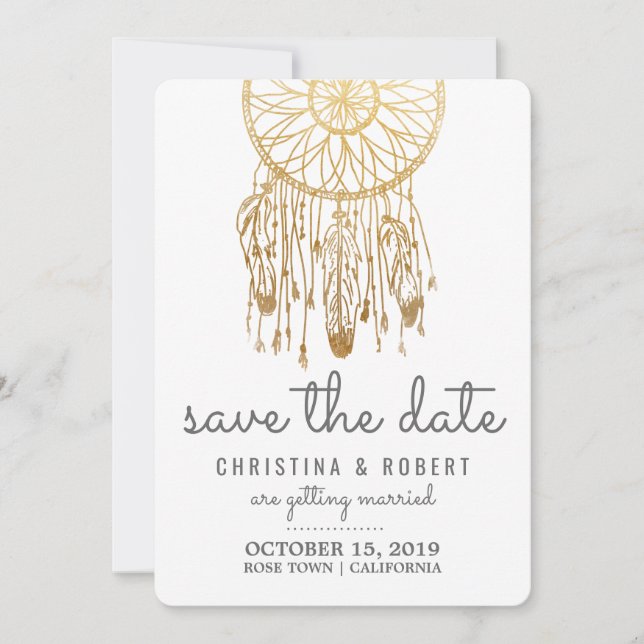 Save The Date Enregistrer la date Bohème Dreamcatcher Faux Or Fe (Devant)