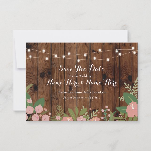 Save The Date Enregistrer La Date Bois Rustique Floral Lumières  (Devant)