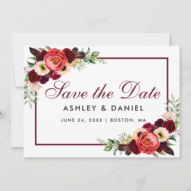 Save The Date Enregistrer La Date Burgundy Floral Card (Devant)