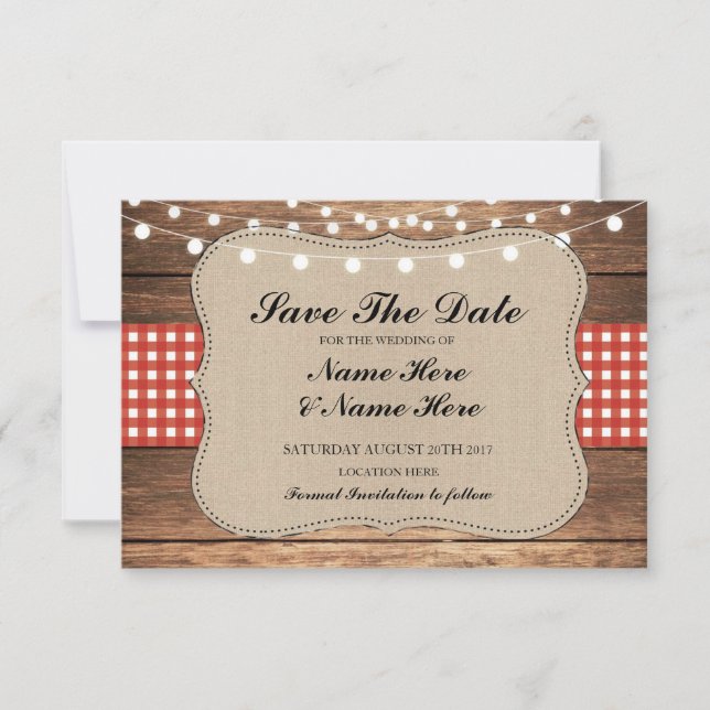 Save The Date Enregistrer La Date Burlap Wood Rustic Red Check C (Devant)