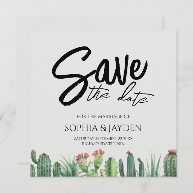 Save The Date Enregistrer La Date Cactus Aquarelle Sage Garden D (Devant / Derrière)