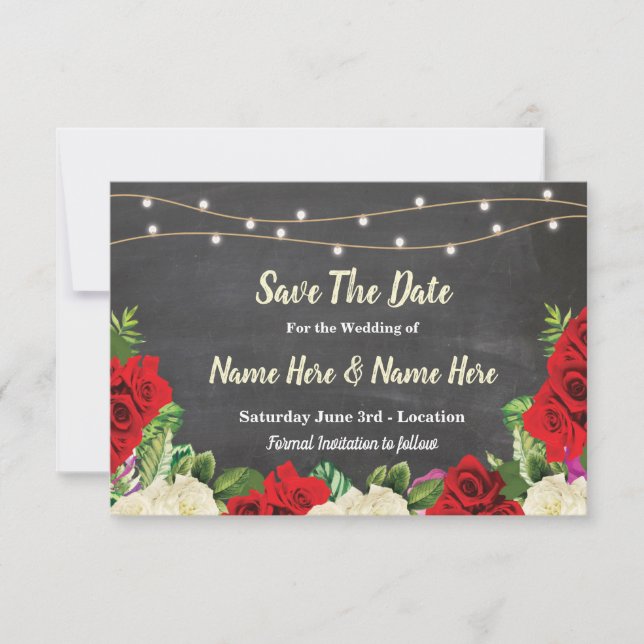 Save The Date Enregistrer La Date Chalk Rustic Red Roses Lumière (Devant)