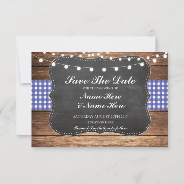 Save The Date Enregistrer La Date Chalk Wood Rustic Blue Check C (Devant)