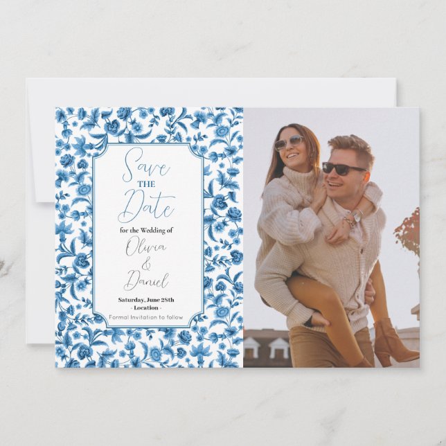 Save The Date Enregistrer La Date Chintz Blue & White Floral Dit (Devant)
