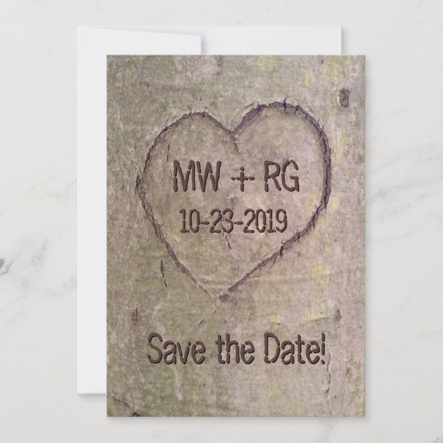 Save The Date Enregistrer la date, coeur sculpté dans l'arbre Fa (Devant)