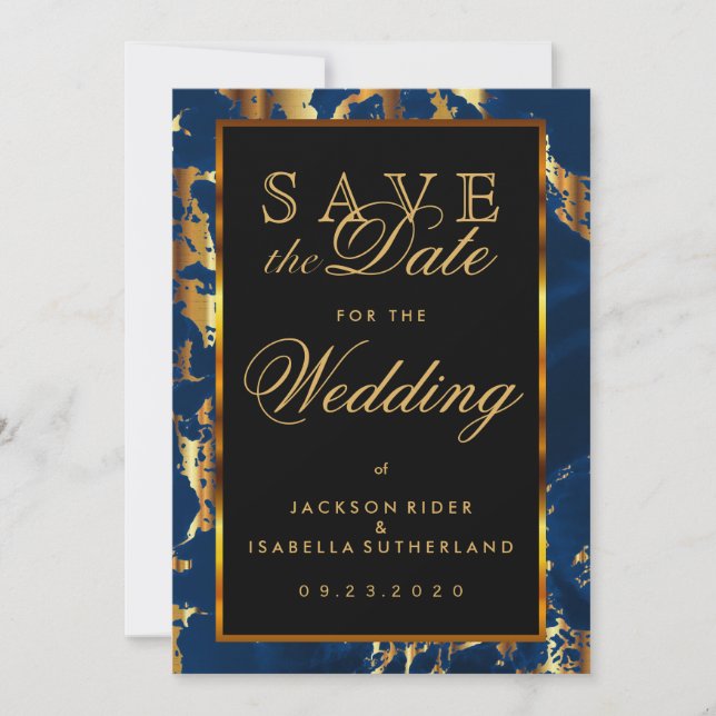 Save The Date Enregistrer la date Deep Blue and Gold Marble (Devant)