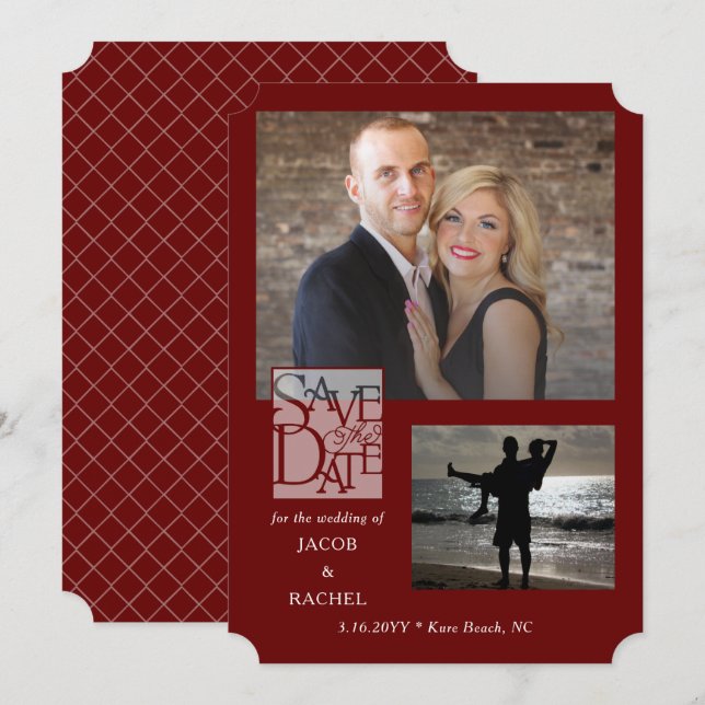Save The Date Enregistrer la date Elegant 2-Photo Mariage rouge  (Devant / Derrière)