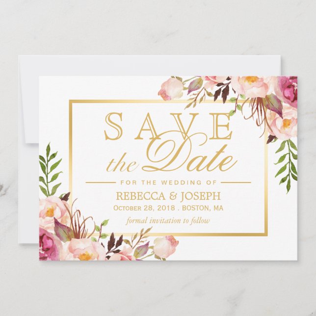 Save The Date Enregistrer la date Elegant Chic Rose Floral Gold  (Devant)