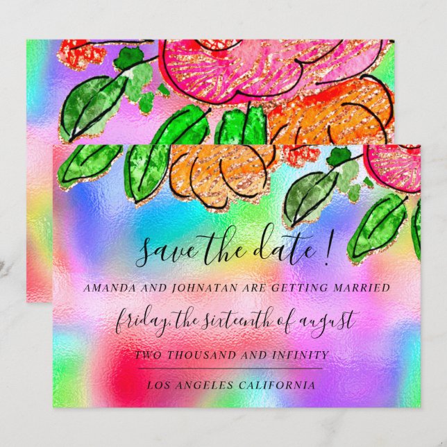 Save The Date Enregistrer la date Floral Rose Parties scintillan (Devant / Derrière)