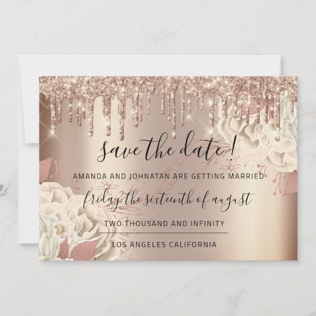 Save The Date Enregistrer La Date Florals Rose Gold Drives Blanc (Devant)