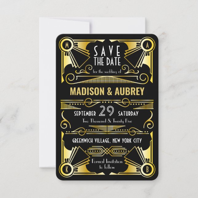 Save The Date Enregistrer la date Gatsby Mariage Art Déco Gold N (Devant)