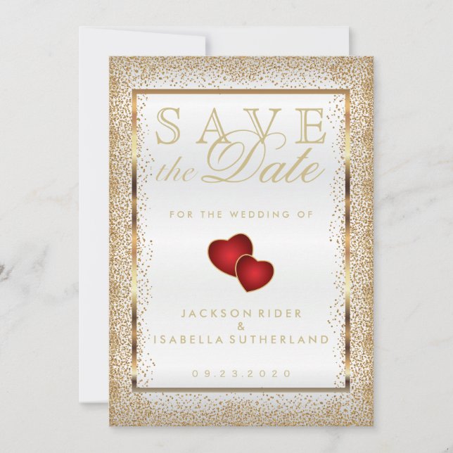Save The Date Enregistrer la date Gold Confetti et Blanc (Devant)