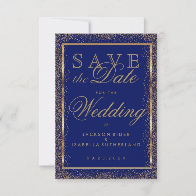 Save The Date Enregistrer la date Gold Confetti et Dark Blue (Devant)