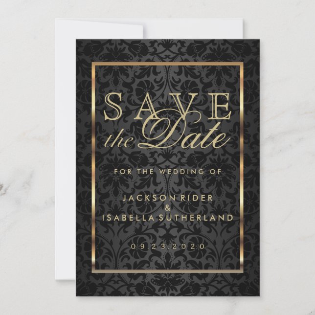 Save The Date Enregistrer la date Gold et Black Damask (Devant)