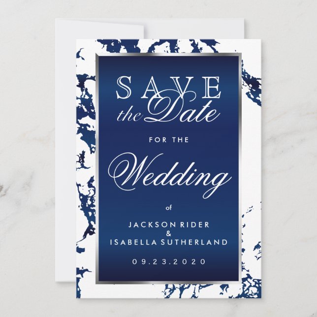 Save The Date Enregistrer la date Marine Marbre Bleu, Blanc & Ar (Devant)