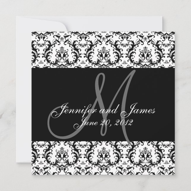 Save The Date Enregistrer la date Noir Damask Monogramme (Devant)