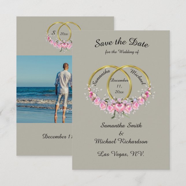 Save The Date Enregistrer la date Photo Gris Rose Fleurs Cercles (Devant / Derrière)