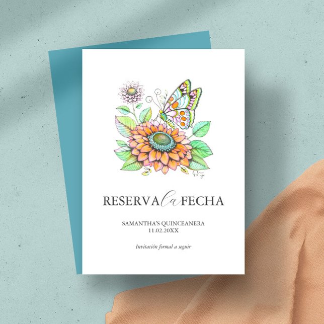 Save The Date Enregistrer la date Quinceañeras papillons (Quinceanera save the date invitation features unique butterfly art by Victoria Grigaliunas)
