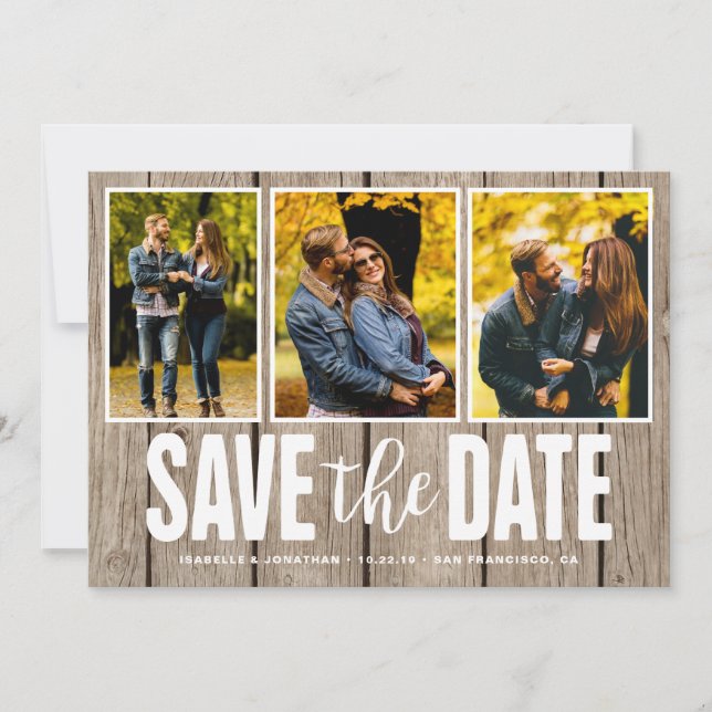Save The Date Enregistrer la date Rustic Light Wood 3 Photo Coll (Devant)