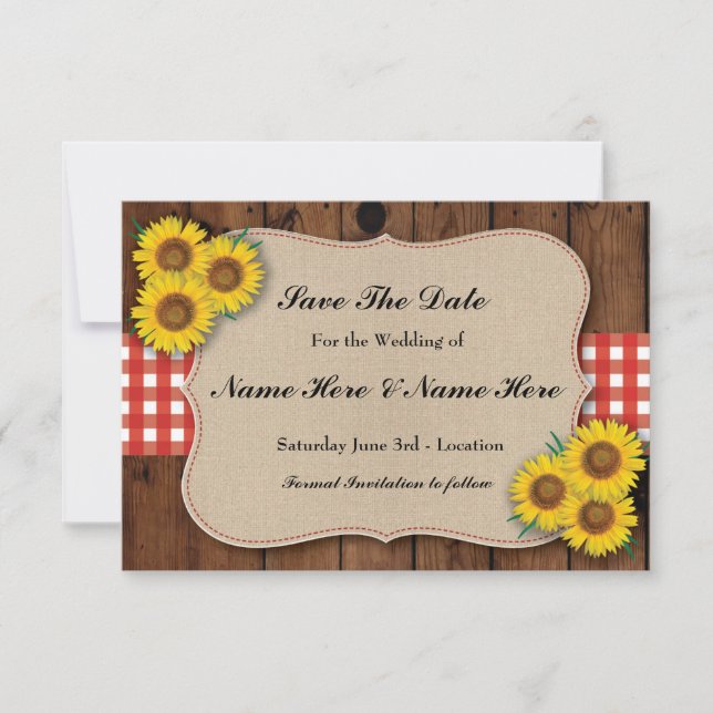 Save The Date Enregistrer la date Rustic Sunflower Red Check Car (Devant)