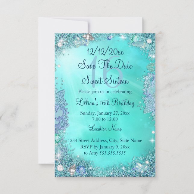 Save The Date Enregistrer La Date Turquoise Ocean Jewel Sweet 16 (Devant)
