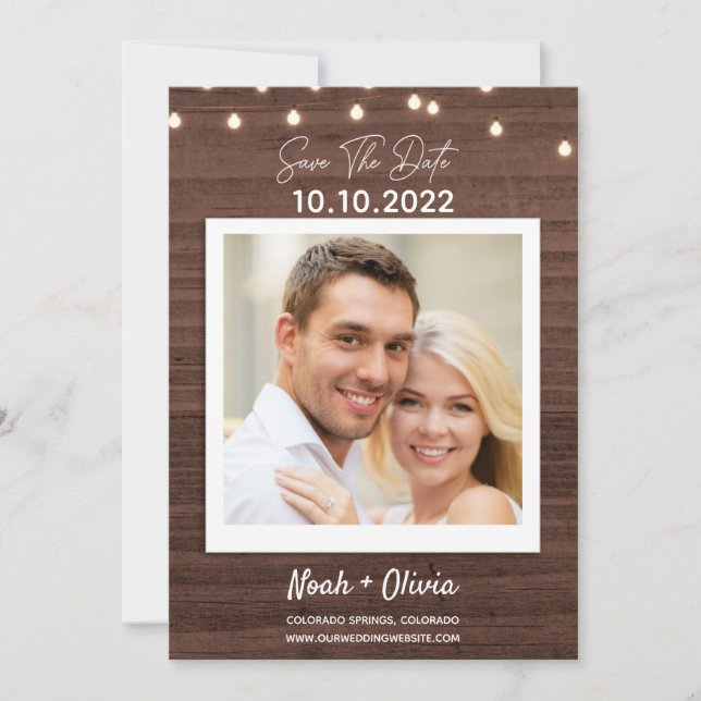 Save The Date Enregistrer La Date Twinkle Lights Rustic Wood Mar (Devant)