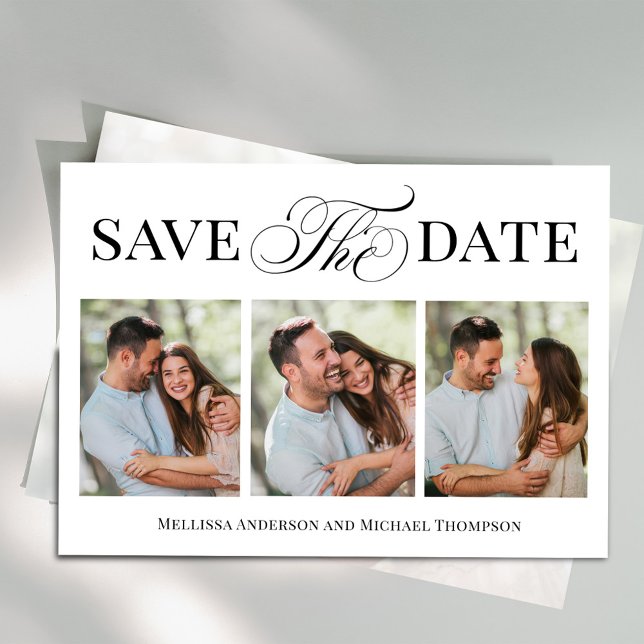 Save The Date Enregistrer la date Typographie Script Elégant Pho (Elegant calligraphy script photo save the date card with four photo templates. )