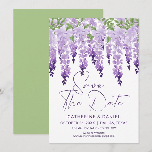 Save The Date Enregistrer la date Watercolor Wisteria Lilac Mari (Devant / Derrière)