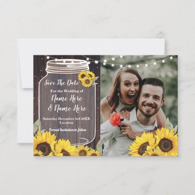 Save The Date Enregistrer la photo de mariage tournesol en bois (Devant)