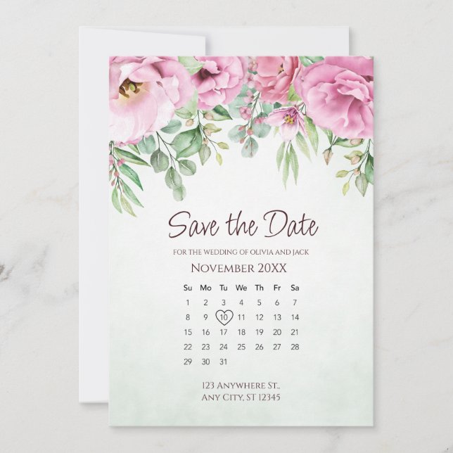 Save The Date Enregistrez la date Fleurs Mariage Verdure Calendr (Devant)