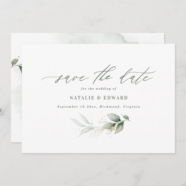 Save The Date Épargne date mariage vert sauge eucalyptus or (Devant / Derrière)
