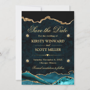 Save The Date Épargne Teal et Or Paillettes Marbre Agate
