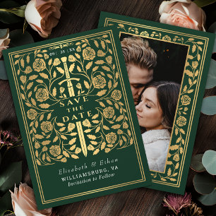Save The Date Épée Royale Médiévale Verte Photo de Mariage