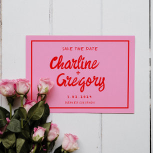 Save The Date Épingle Rose &Rouge Écriture Mariage Enregistrer l