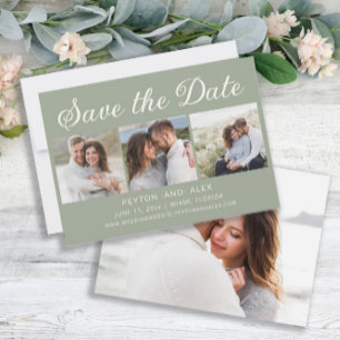 Save The Date Épousailles Vert Sauge Menthe 4-Photos 2 Faces Enr