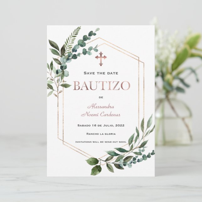 Save The Date Espagnol Bautizo Verdure Rose Or (Debout devant)