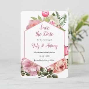Save The Date Esthétique botanique moderne rose hexagonale