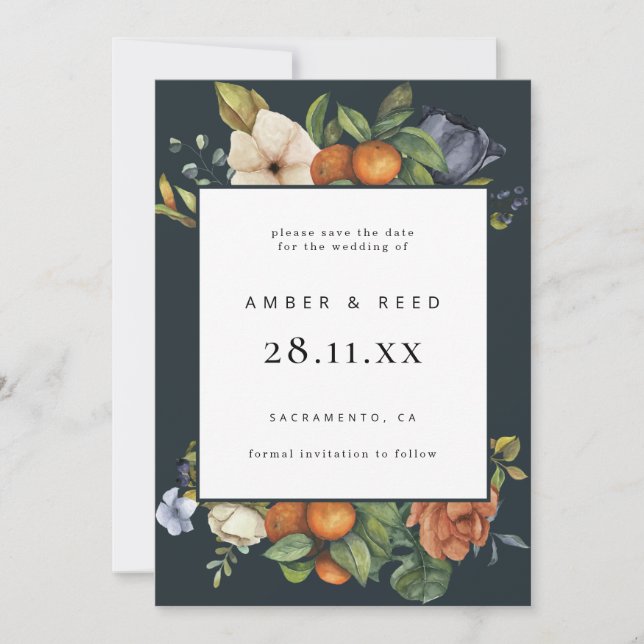 Save The Date Été floral botanique boho bleu orange  (Devant)