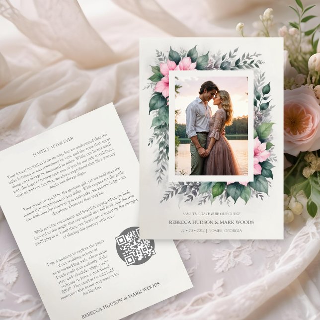 Save The Date Ethérée & Enchanter Botanique Soft Floral Photo (Ethereal & Enchanting Botanical Soft Floral Photo Frame in Pink Wedding Save the Dates Cards. )