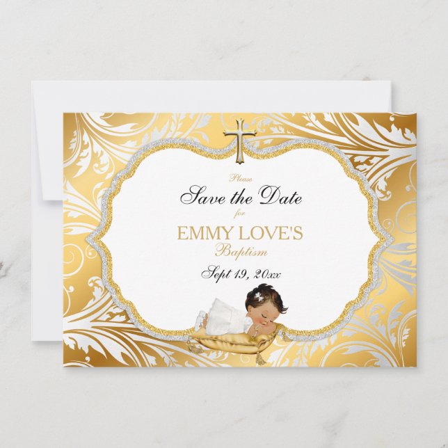 Save The Date Ethnic Baby Girl Baptism Enregistrer Date Gold Cro (Devant)