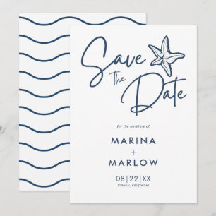 Save The Date Étoile de mer nautique bleu marine et vague blanch