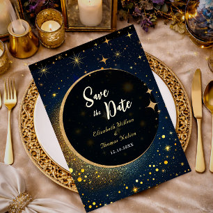 Save The Date Étoiles Bleu Minuit Lune céleste Halo mariage