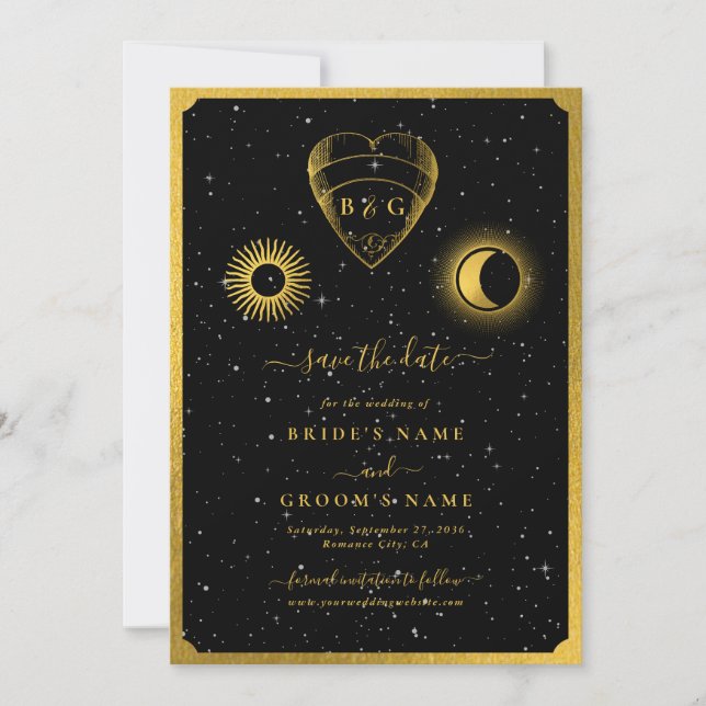 Save The Date Étoiles célestes Crescent Lune Mariage d'or noir (Devant)