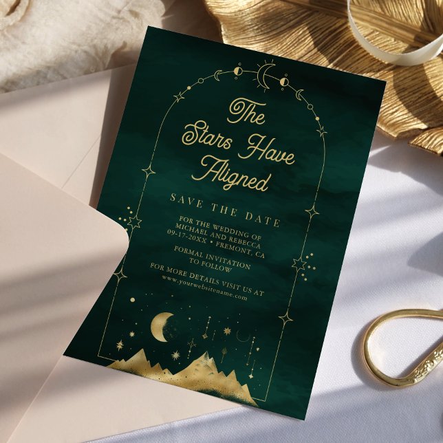 Save The Date Étoiles célestes Emerald Gold Crescent Moon Mariag (Créateur téléchargé)