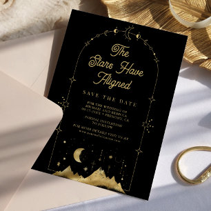 Save The Date Étoiles célestes Mariage Lune croissante Or noir