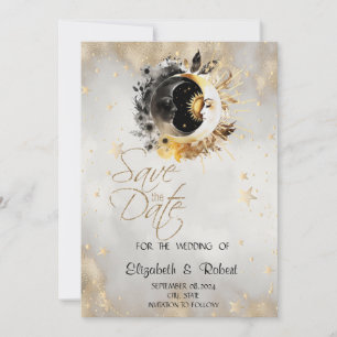Save The Date Étoiles Lunes Fleurs Or Céleste