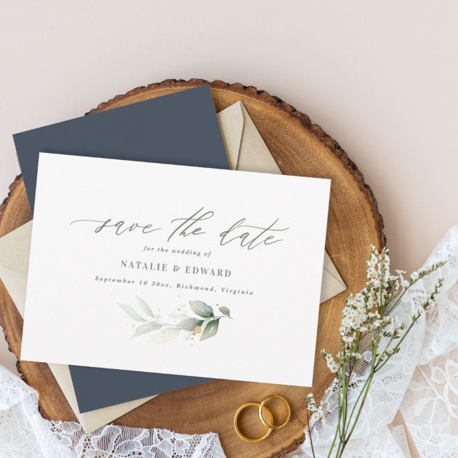 Save The Date Eucalyptus bleu marine, mariage d'or enregistrer l (Créateur téléchargé)