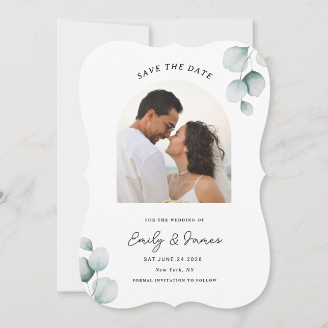 Save The Date Eucalyptus  élégant moderne minimaliste unique (Devant)