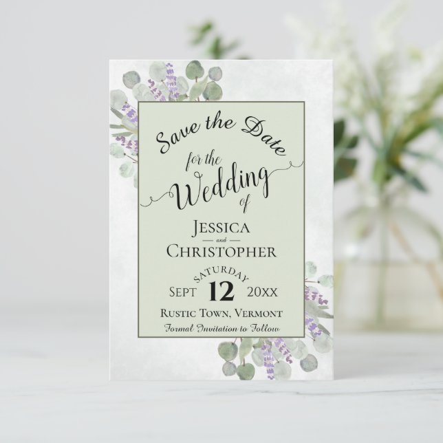 Save The Date Eucalyptus et Lavande Calligraphie Mariage vert (Debout devant)
