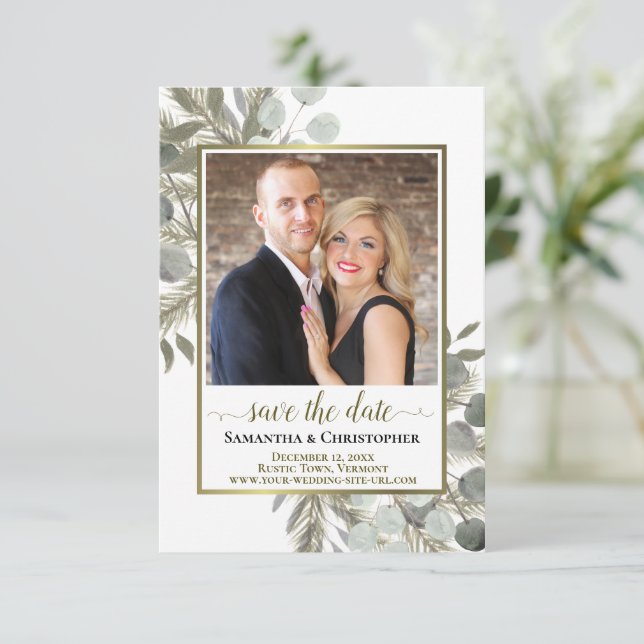 Save The Date Eucalyptus et Mariage photo de pin rustique (Debout devant)